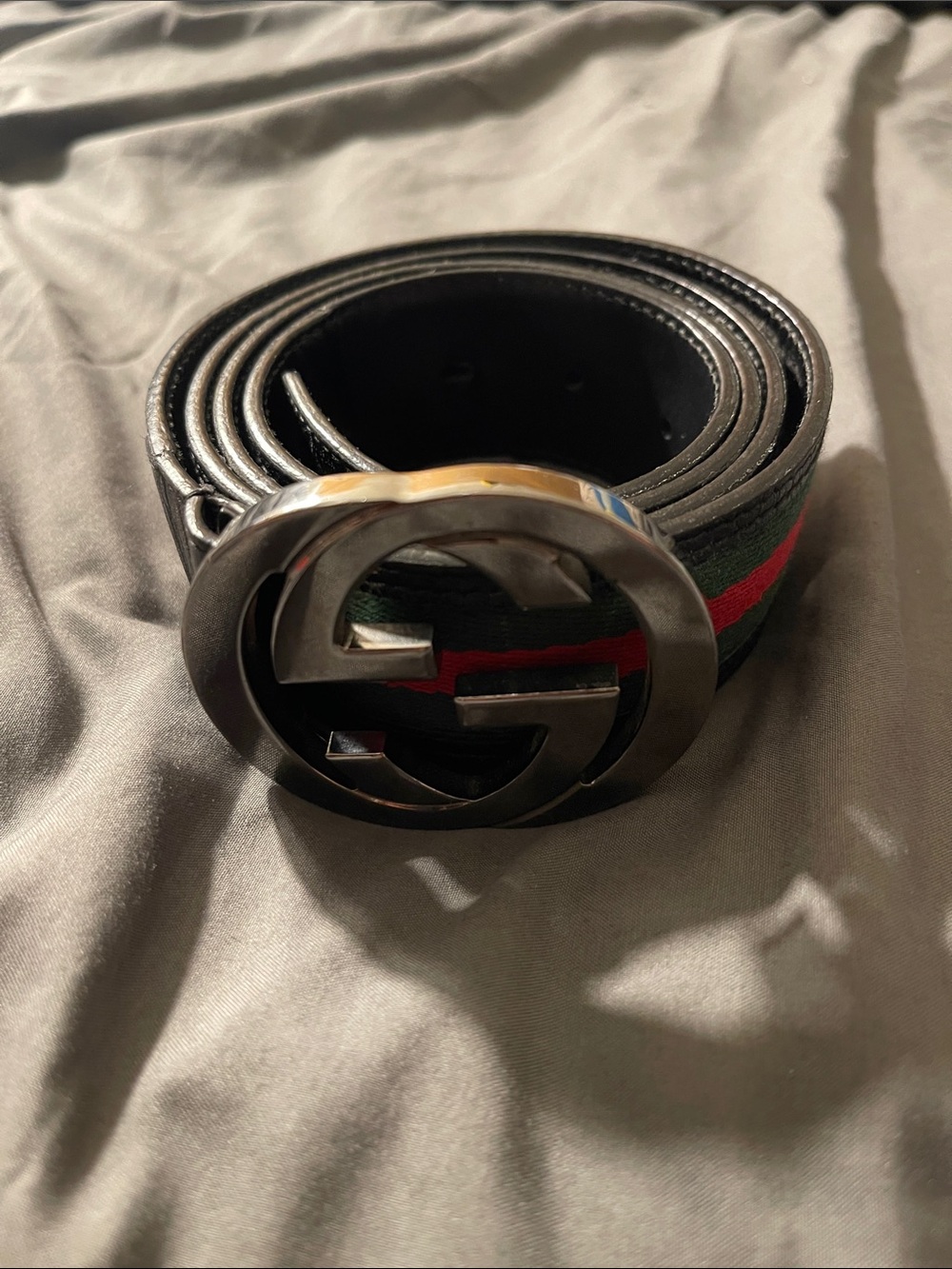 Gucci Black Leather Belt with Green and Red Web and Gunmetal GG Buckle